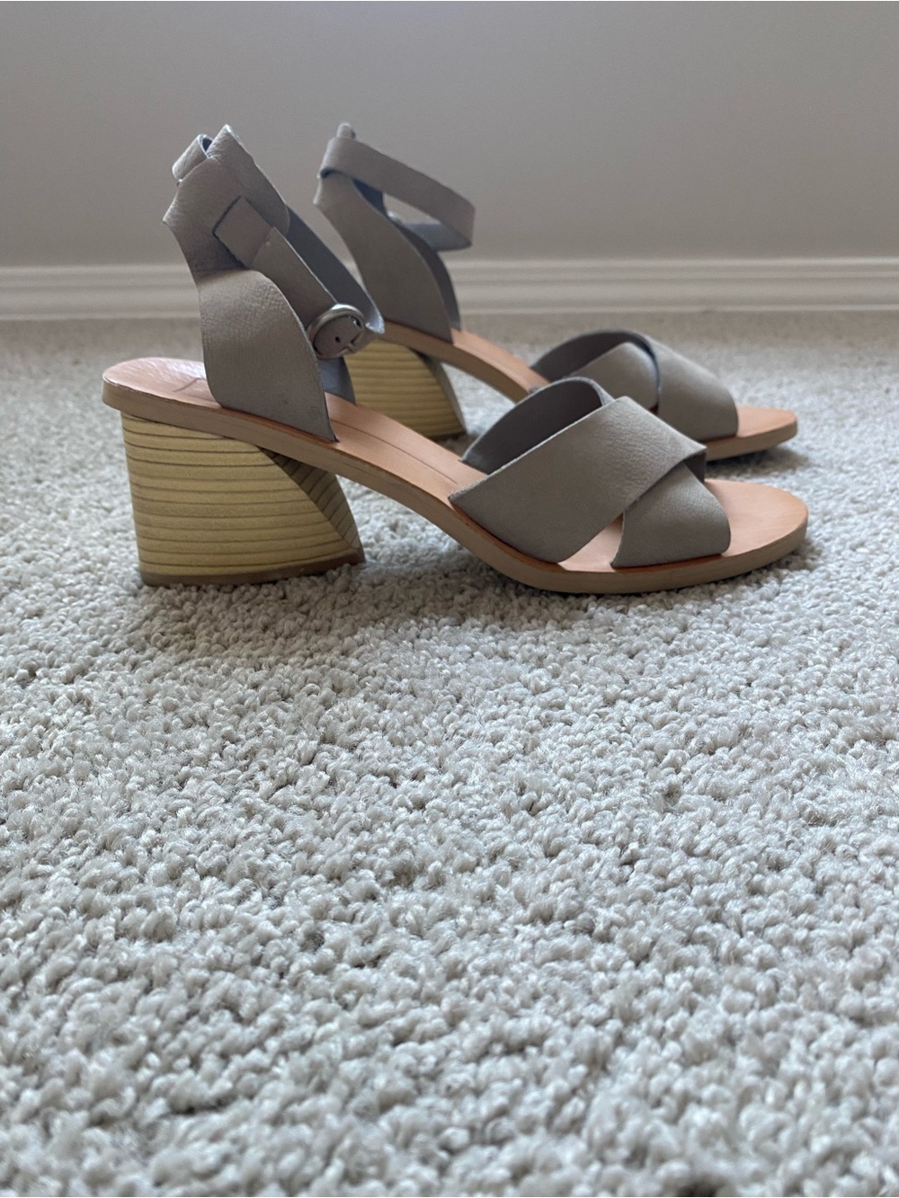 Neutral Gray Strappy Block Heel Sandals - Women